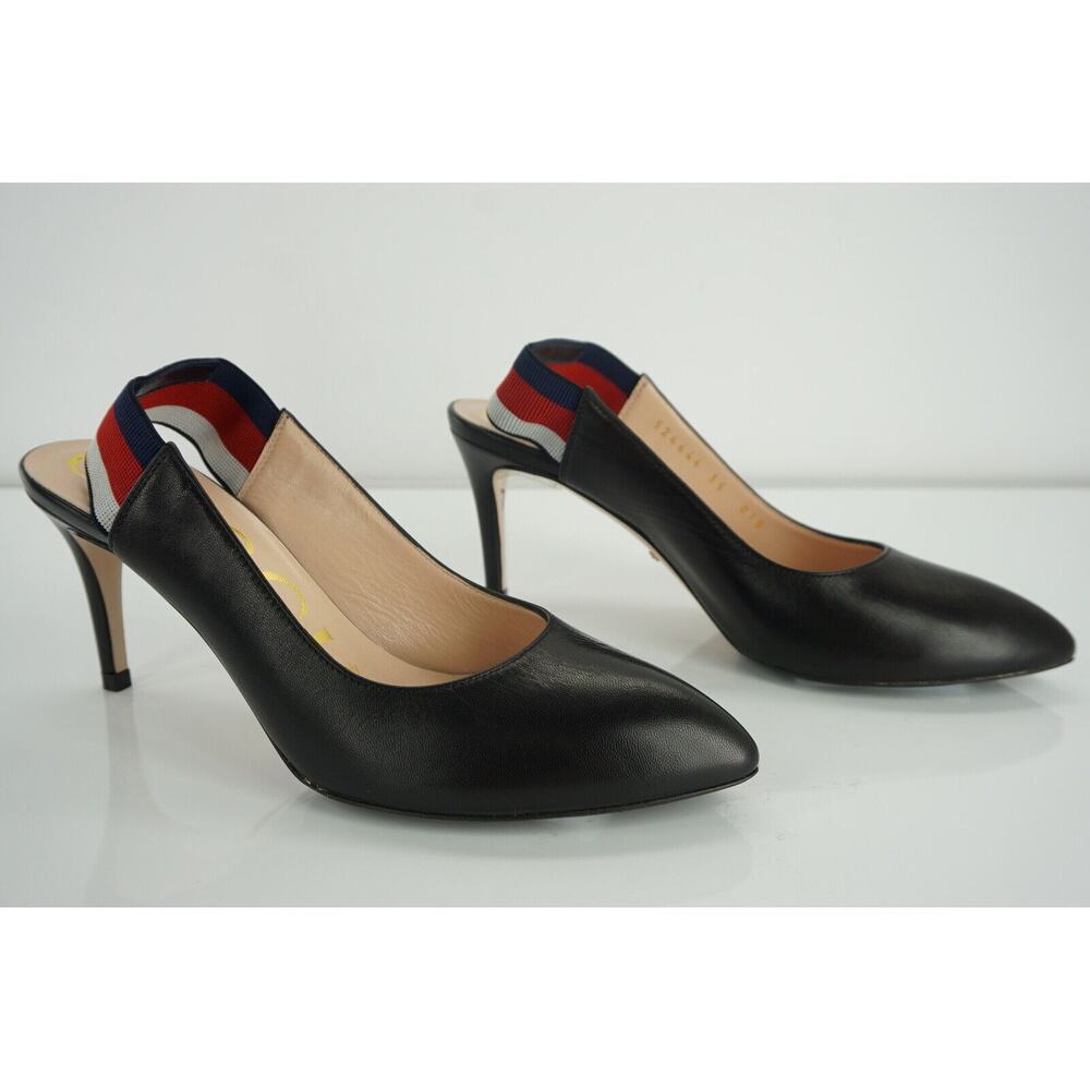 Gucci Sylvie Black Leather Web Strap Pointed Toe Slingback Pumps Size 35 $695 - Picture 8 of 9